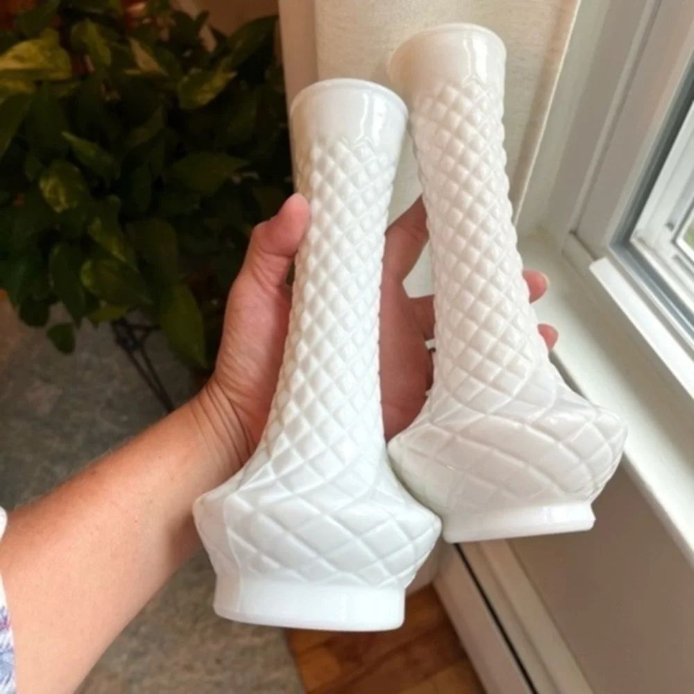 Vintage Diamond Patterned Milk Glass Vases Set of Two